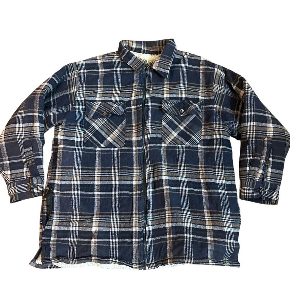 Original Windbreaker Sherpa Lined Flannel Jacket 2XL Blue Plaid Zip Up Shirt GUC